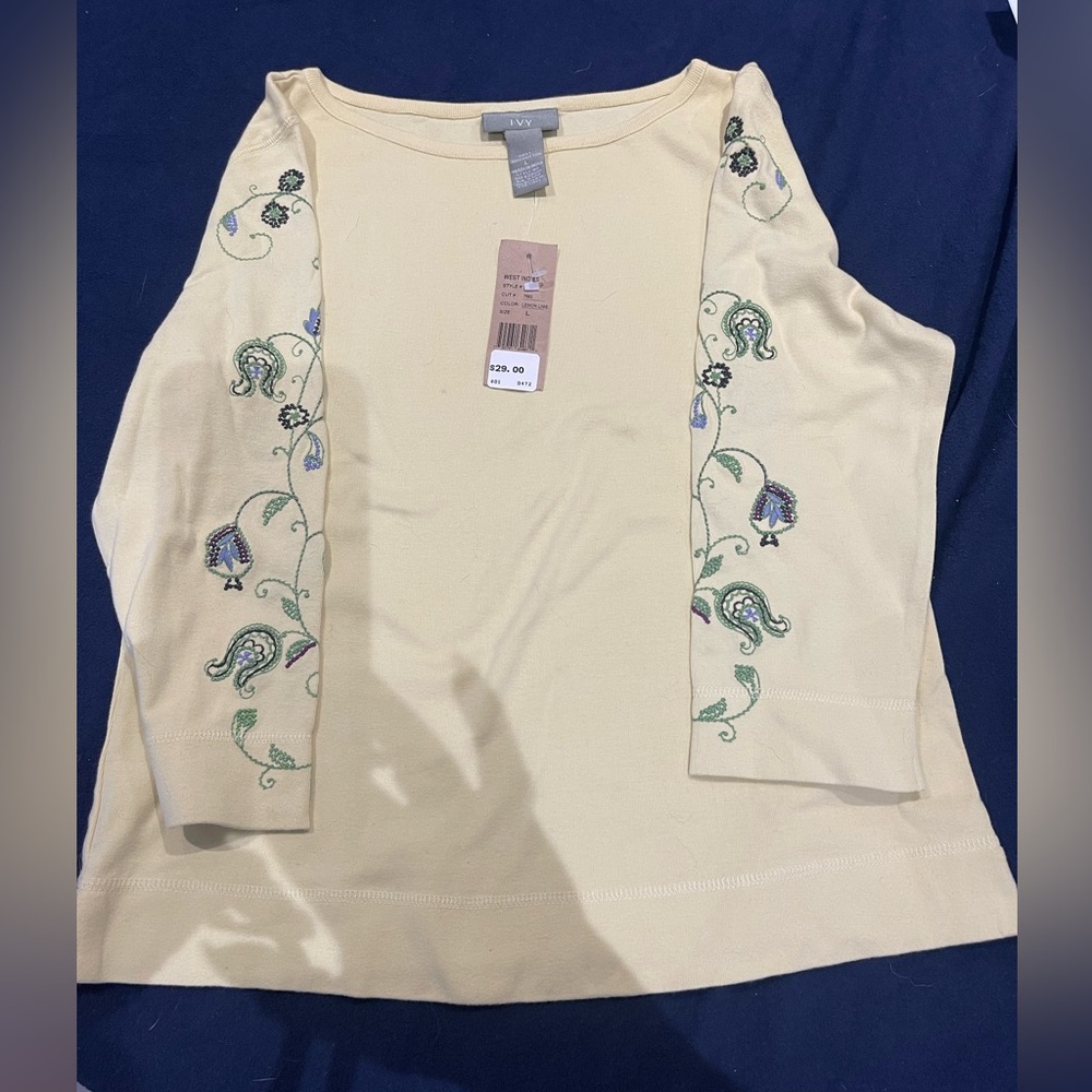 Westbound light yellow Long Sleeve Top with Embroidered Floral Sleeves